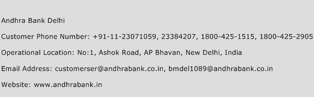 Andhra Bank Delhi Phone Number Customer Service