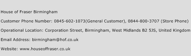 House of Fraser Birmingham Phone Number Customer Service