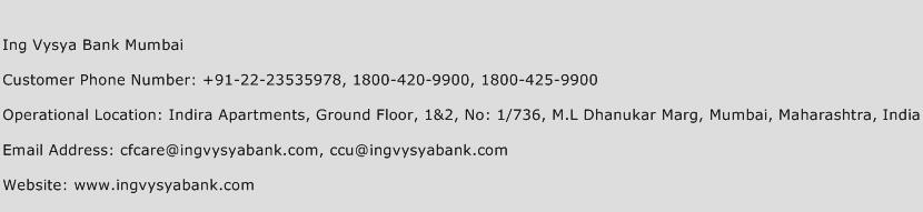 Ing Vysya Bank Mumbai Phone Number Customer Service