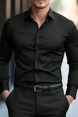 FGKKS Men Casual White Shirt Brand Fashion Solid Color Long Sleeve Elastic Fabric Male Business Dress Shirt