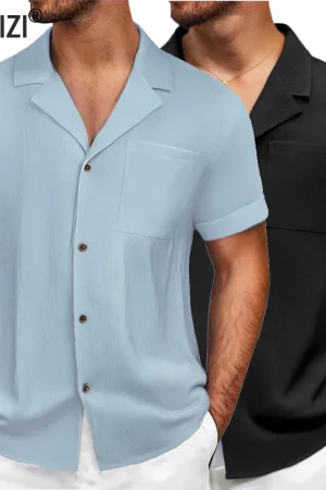 Men's Casual Short Sleeve Shirts Summer Lapel Button-down Solid Color Shirts Male Beach Vacation Shirt Men Tops Streetwear