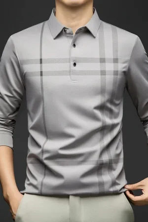 BROWON Graphic Polo Shirt Men 2025 Autumn New Business Slim Long Sleeve T Shirt Man Casual Loose Printed Striped Clothes for Men