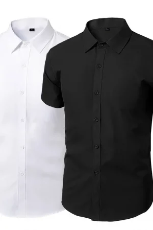 Classic Men's Business Shirts Summer Short Sleeve Solid Elastic Non-ironing Anti-wrinkle Business Slim Fit White Shirts Plus 5XL