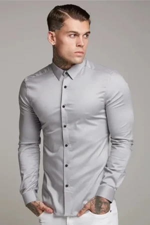 Men's Shirt Fashion Full Sleeve Shirt Men's Muscle Casual Slim-fit Business Dress Solid Color Shirt Men's Gym Fitness Men Shirt