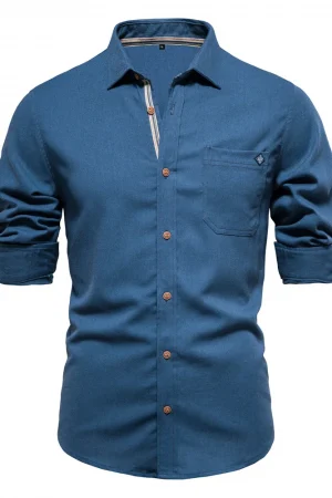 AIOPESON 100% Cotton Social Men's Shirts Single Pocket Solid Color Long Sleeve Shirts for Men Turn-down Collar Blouse Spring Men