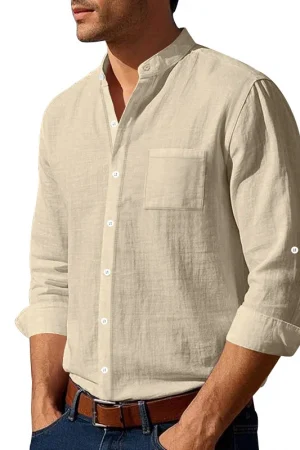 Men's Linen Mandarin Collar Shirt - Breathable Wrinkle-Free New Chinese Style with Pocket (Beige/Black/White, S-XXXL) Wholesale