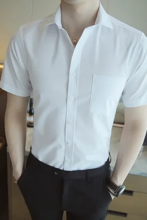Men's Classic Short Sleeved Standard-fit Slim Dress Shirts Formal Business Social Simple Basic White Work Office Casual Shirt