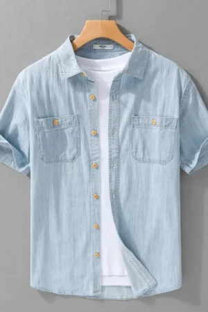 Light and Thin Summer Short-sleeved Denim Shirt for Men, Casual and Breathable, Sweat-wicking, Suitable for Daily Commuting.