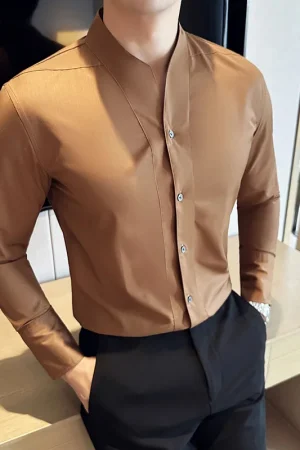 High-End Sexy Large V-neck Shirt Men's Long-Sleeved Design Collarless Shirt Brown Slim Top