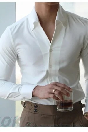 Men's Italian Collar Shirt, Wrinkle-free, Casual, Fashionable, Slim-fit with A Lapel Design, Branded Clothing, Youth, New