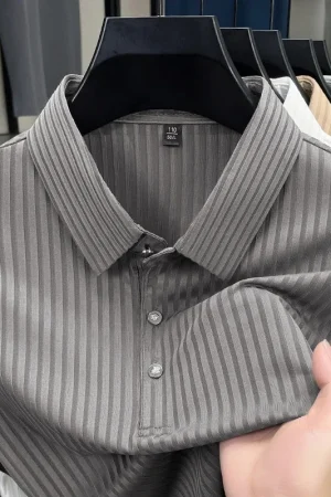 2025 New Men's Casual Fashion Striped Short Sleeved Collar Polo Shirt Breathable and Comfortable Summer Versatile T-shirt